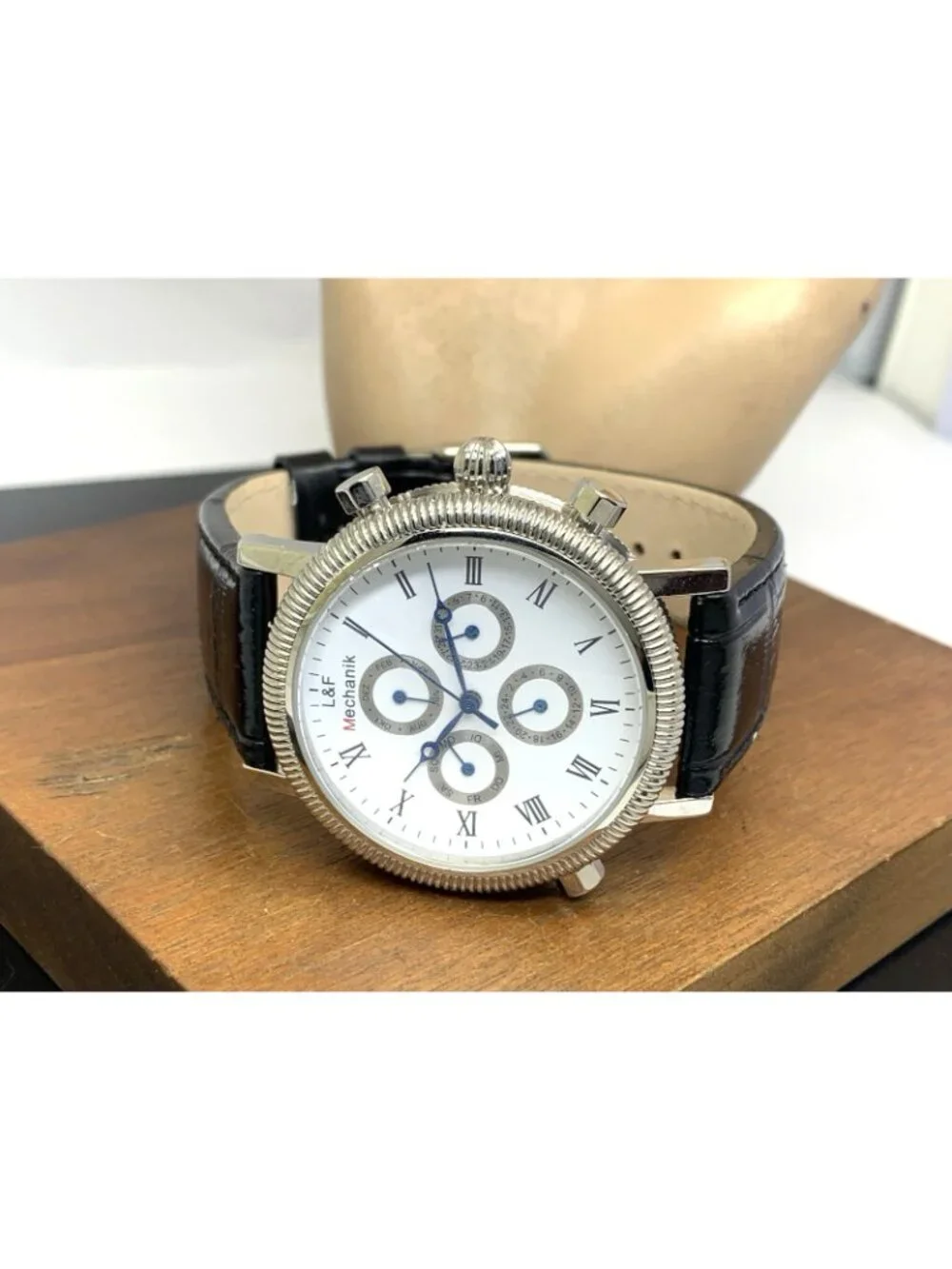 L&F Mechanik Men's Watch Automatic White Dial Con Edge Case Black Leather 43mm